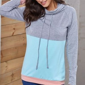 NWT Light Grey Turquoise Peach Cowl Neck Long Tunic Sweatshirt